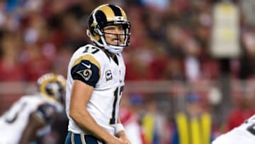 Sep 12, 2016; Santa Clara, CA, USA; Los Angeles Rams quarterback Case Keenum (17) reacts before the play against the San Francisco 49ers in the fourth quarter at Levi