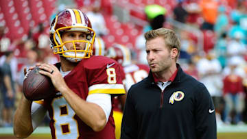 Sep 13, 2015; Landover, MD, USA; Washington Redskins quarterback Kirk Cousins (8) talks with Washington Redskins offensive coordinator Sean McVay before the game between the Washington Redskins and the Miami Dolphins at FedEx Field. Mandatory Credit: Brad Mills-USA TODAY Sports