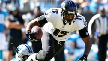 CHARLOTTE, NC - OCTOBER 28: Michael Crabtree #15 of the Baltimore Ravens against the Carolina Panthers during their game at Bank of America Stadium on October 28, 2018 in Charlotte, North Carolina. (Photo by Grant Halverson/Getty Images)