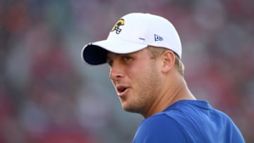 LOS ANGELES, CALIFORNIA - AUGUST 24: Jared Goff #16 of the Los Angeles Rams on the sidelines during a preseason game against the Denver Broncos at Los Angeles Memorial Coliseum on August 24, 2019 in Los Angeles, California. (Photo by Harry How/Getty Images)