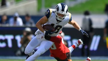 LOS ANGELES, CA - SEPTEMBER 29: Cooper Kupp #18 of the Los Angeles Rams is brought down by M.J. Stewart #36 of the Tampa Bay Buccaneers in the first quarter at Los Angeles Memorial Coliseum on September 29, 2019 in Los Angeles, California. (Photo by John McCoy/Getty Images)