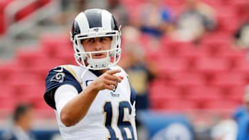 LOS ANGELES, CALIFORNIA - SEPTEMBER 15: Jared Goff #16 of the Los Angeles Rams warms up before the game against the New Orleans Saints at Los Angeles Memorial Coliseum on September 15, 2019 in Los Angeles, California. (Photo by Sean M. Haffey/Getty Images)