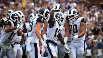 LOS ANGELES, CALIFORNIA - SEPTEMBER 15: Wide receiver Brandin Cooks #12 of the Los Angeles Rams celebrates his touchdown in the third quarter against the New Orleans Saints at Los Angeles Memorial Coliseum on September 15, 2019 in Los Angeles, California. (Photo by Meg Oliphant/Getty Images)