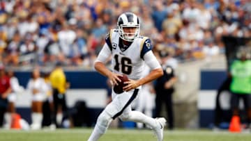 LOS ANGELES, CALIFORNIA - SEPTEMBER 15: Jared Goff #16 of the Los Angeles Rams scrambles as he looks to pass during the second half against the New Orleans Saints in the game at Los Angeles Memorial Coliseum on September 15, 2019 in Los Angeles, California. (Photo by Sean M. Haffey/Getty Images)