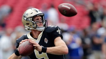 LOS ANGELES, CALIFORNIA - SEPTEMBER 15: Drew Brees #9 of the New Orleans Saints warms up before the game against the Los Angeles Rams at Los Angeles Memorial Coliseum on September 15, 2019 in Los Angeles, California. (Photo by Sean M. Haffey/Getty Images)