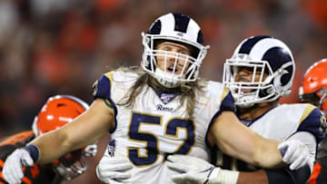 CLEVELAND, OHIO - SEPTEMBER 22: Clay Matthews #52 of the Los Angeles Rams celebrates a fourth quarter tackle while playing the Cleveland Browns at FirstEnergy Stadium on September 22, 2019 in Cleveland, Ohio. (Photo by Gregory Shamus/Getty Images)