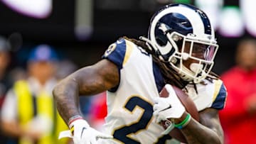 ATLANTA, GA - OCTOBER 20: Darrell Henderson #27 of the Los Angeles Rams rushes with the ball during the second half of a game against the Atlanta Falcons at Mercedes-Benz Stadium on October 20, 2019 in Atlanta, Georgia. (Photo by Carmen Mandato/Getty Images)