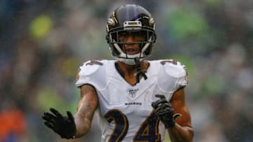 SEATTLE, WA - OCTOBER 20: Cornerback Marcus Peters #24 of the Baltimore Ravens looks on against the Seattle Seahawks at CenturyLink Field on October 20, 2019 in Seattle, Washington. (Photo by Otto Greule Jr/Getty Images)