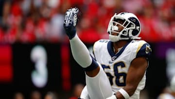 ATLANTA, GEORGIA - OCTOBER 20: Dante Fowler Jr. #56 of the Los Angeles Rams reacts after sacking Matt Ryan #2 of the Atlanta Falcons in the first half at Mercedes-Benz Stadium on October 20, 2019 in Atlanta, Georgia. (Photo by Kevin C. Cox/Getty Images)