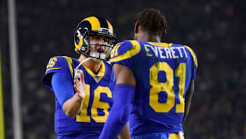 LOS ANGELES, CA - NOVEMBER 17: Quarterback Jared Goff #16 of the Los Angeles Rams congratulates tight end Gerald Everett #81 of the Los Angeles Rams after catching a 20 yard pass to set up a touchdown during the second half against Chicago Bears at Los Angeles Memorial Coliseum on November 17, 2019 in Los Angeles, California. (Photo by Kevork Djansezian/Getty Images)