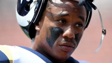 LOS ANGELES, CA - AUGUST 25: Marcus Peters #22 of the Los Angeles Rams on the sidelines before a preseason game against the Houston Texans at Los Angeles Memorial Coliseum on August 25, 2018 in Los Angeles, California. (Photo by Harry How/Getty Images)