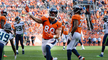 DENVER, CO - SEPTEMBER 9: Tight end Jake Butt #80 of the Denver Broncos celebrates a first down against the Seattle Seahawks at Broncos Stadium at Mile High on September 9, 2018 in {Denver, Colorado. (Photo by Bart Young/Getty Images)