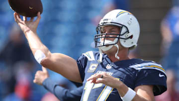 BUFFALO, NY - SEPTEMBER 16: Philip Rivers #17 of the Los Angeles Chargers warms up before the start of NFL game action against the Buffalo Bills at New Era Field on September 16, 2018 in Buffalo, New York. (Photo by Tom Szczerbowski/Getty Images)