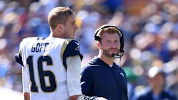 LOS ANGELES, CA - SEPTEMBER 16: Head coach Sean McVay of the Los Angeles Rams and Jared Goff #16 talk on the sidlines during a 34-0 win over the Arizona Cardinals at Los Angeles Memorial Coliseum on September 16, 2018 in Los Angeles, California. (Photo by Harry How/Getty Images)