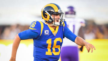 LOS ANGELES, CA - SEPTEMBER 27: Quarterback Jared Goff #16 of the Los Angeles Rams reacts to his touchdown pass to take a 14-10 lead over the Minnesota Vikings in the second quarter at Los Angeles Memorial Coliseum on September 27, 2018 in Los Angeles, California. (Photo by Harry How/Getty Images)