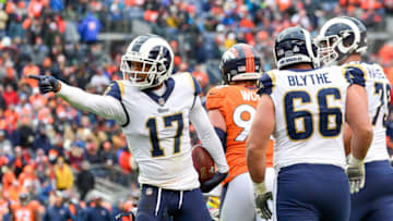 DENVER, CO - OCTOBER 14: Wide receiver Robert Woods #17 of the Los Angeles Rams celebrates a fourth-quarter first down against the Denver Broncos at Broncos Stadium at Mile High on October 14, 2018 in Denver, Colorado. (Photo by Dustin Bradford/Getty Images)
