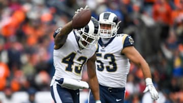 DENVER, CO - OCTOBER 14: Strong safety John Johnson #43 of the Los Angeles Rams celebrates after an interception against the Denver Broncos in the third quarter of a game at Broncos Stadium at Mile High on October 14, 2018 in Denver, Colorado. (Photo by Dustin Bradford/Getty Images)