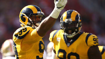 SANTA CLARA, CA - OCTOBER 21: Aaron Donald #99 of the Los Angeles Rams reacts after a sack of C.J. Beathard #3 of the San Francisco 49ers during their NFL game at Levi's Stadium on October 21, 2018 in Santa Clara, California. (Photo by Ezra Shaw/Getty Images)