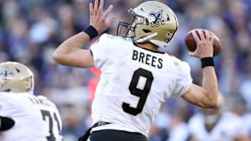 BALTIMORE, MD - OCTOBER 21: Quarterback Drew Brees #9 of the New Orleans Saints throws the ball in the second quarter against the Baltimore Ravens at M&T Bank Stadium on October 21, 2018 in Baltimore, Maryland. (Photo by Patrick Smith/Getty Images)