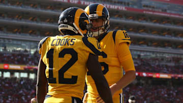 SANTA CLARA, CA - OCTOBER 21: Brandin Cooks #12 of the Los Angeles Rams celebrates with Jared Goff #16 after a touchdown against the San Francisco 49ers during their NFL game at Levi's Stadium on October 21, 2018 in Santa Clara, California. (Photo by Ezra Shaw/Getty Images)
