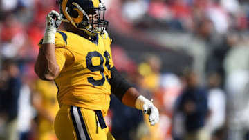 SANTA CLARA, CA - OCTOBER 21: Aaron Donald #99 of the Los Angeles Rams reacts to a play against the San Francisco 49ers during their NFL game at Levi's Stadium on October 21, 2018 in Santa Clara, California. (Photo by Thearon W. Henderson/Getty Images)