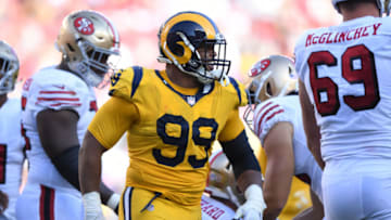 SANTA CLARA, CA - OCTOBER 21: Aaron Donald #99 of the Los Angeles Rams celebrates after a play against the San Francisco 49ers during their NFL game at Levi's Stadium on October 21, 2018 in Santa Clara, California. (Photo by Thearon W. Henderson/Getty Images)