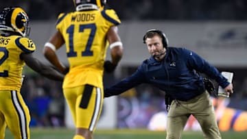 LOS ANGELES, CA - NOVEMBER 19: Head coach Sean McVay of the Los Angeles Rams reacts after his team scored their second touchdown in the first quarter of the game against the Kansas City Chiefs at Los Angeles Memorial Coliseum on November 19, 2018 in Los Angeles, California. (Photo by Kevork Djansezian/Getty Images)