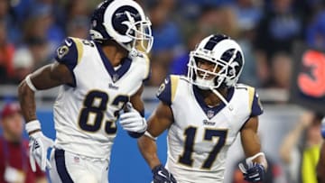 DETROIT, MI - DECEMBER 02: Robert Woods #17 of the Los Angeles Rams celebrates his touchdown with Josh Reynolds #83 of the Los Angeles Rams against the Detroit Lions during the second quarter at Ford Field on December 2, 2018 in Detroit, Michigan. (Photo by Gregory Shamus/Getty Images)