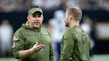 NEW ORLEANS, LA - NOVEMBER 4: Head Coach Sean Payton of the New Orleans Saints talks on the field before a game with Head Coach Sean McVay of the Los Angeles Rams at Mercedes-Benz Superdome on November 4, 2018 in New Orleans, Louisiana. The Saints defeated the Rams 45-35. (Photo by Wesley Hitt/Getty Images)