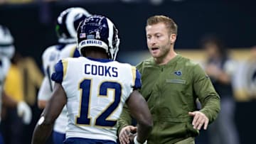 NEW ORLEANS, LA - NOVEMBER 4: Head Coach Sean McVay talks with Brandin Cooks #12 of the Los Angeles Rams before a game against the New Orleans Saints at Mercedes-Benz Superdome on November 4, 2018 in New Orleans, Louisiana. The Saints defeated the Rams 45-35. (Photo by Wesley Hitt/Getty Images)