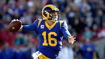 LOS ANGELES, CA - DECEMBER 30: Los Angeles Rams quarterback Jared Goff #16 looks to pass the ball during the first half of a game against the San Francisco 49ers at Los Angeles Memorial Coliseum on December 30, 2018 in Los Angeles, California. (Photo by Sean M. Haffey/Getty Images)