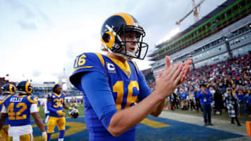 LOS ANGELES, CA - JANUARY 12: Jared Goff #16 of the Los Angeles Rams takes the field during warm ups before the NFC Divisional Playoff game against the Dallas Cowboys at Los Angeles Memorial Coliseum on January 12, 2019 in Los Angeles, California. (Photo by Sean M. Haffey/Getty Images)