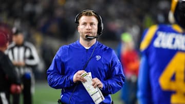LOS ANGELES, CA - JANUARY 12: Head coach Sean McVay of the Los Angeles Rams looks on during the NFC Divisional Round playoff game against the Dallas Cowboys at Los Angeles Memorial Coliseum on January 12, 2019 in Los Angeles, California. (Photo by Kevork Djansezian/Getty Images)