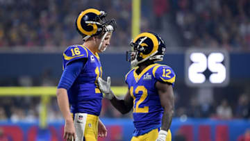 ATLANTA, GA - FEBRUARY 03: Brandin Cooks #12 of the Los Angeles Rams and teammate Brandin Cooks #12 of the Los Angeles Rams talk in the second half during Super Bowl LIII against the New England Patriots at Mercedes-Benz Stadium on February 3, 2019 in Atlanta, Georgia. (Photo by Harry How/Getty Images)
