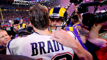 ATLANTA, GA - FEBRUARY 03: Tom Brady #12 of the New England Patriots hugs Jared Goff #16 of the Los Angeles Rams after the Patriots defeat the Rams 13-3 during Super Bowl LIII at Mercedes-Benz Stadium on February 3, 2019 in Atlanta, Georgia. (Photo by Kevin C. Cox/Getty Images)