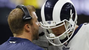 NEW ORLEANS, LOUISIANA - JANUARY 20: Head coach Sean McVay of the Los Angeles Rams talks with Jared Goff #16 against the New Orleans Saints during the second quarter in the NFC Championship game at the Mercedes-Benz Superdome on January 20, 2019 in New Orleans, Louisiana. (Photo by Kevin C. Cox/Getty Images)