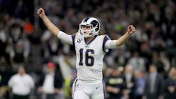 NEW ORLEANS, LOUISIANA - JANUARY 20: Jared Goff #16 of the Los Angeles Rams celebrates a pass against the New Orleans Saints during the third quarter in the NFC Championship game at the Mercedes-Benz Superdome on January 20, 2019 in New Orleans, Louisiana. (Photo by Jonathan Bachman/Getty Images)