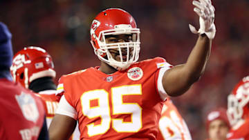 KANSAS CITY, MISSOURI - JANUARY 20: Chris Jones #95 of the Kansas City Chiefs gestures in the first half against the New England Patriots during the AFC Championship Game at Arrowhead Stadium on January 20, 2019 in Kansas City, Missouri. (Photo by Jamie Squire/Getty Images)
