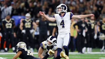NEW ORLEANS, LOUISIANA - JANUARY 20: Greg Zuerlein #4 of the Los Angeles Rams celebrates after kicking the game winning field goal in overtime against the New Orleans Saints in the NFC Championship game at the Mercedes-Benz Superdome on January 20, 2019 in New Orleans, Louisiana. The Los Angeles Rams defeated the New Orleans Saints with a score of 26 to 23. (Photo by Kevin C. Cox/Getty Images)