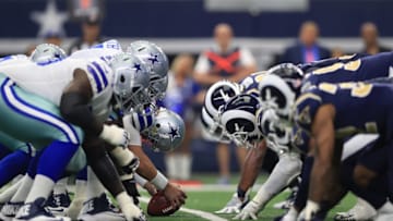 ARLINGTON, TX - OCTOBER 01: The Dallas Cowboys line up against the Los Angeles Rams in a football game at AT&T Stadium on October 1, 2017 in Arlington, Texas. (Photo by Ronald Martinez/Getty Images)