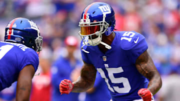 EAST RUTHERFORD, NJ - OCTOBER 08: Brandon Marshall #15 of the New York Giants warms up prior to an NFL game against the Los Angeles Chargers at MetLife Stadium on October 8, 2017 in East Rutherford, New Jersey. (Photo by Steven Ryan/Getty Images)