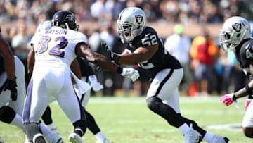 OAKLAND, CA - OCTOBER 08: Khalil Mack #52 of the Oakland Raiders rushes the quarterback during their NFL game against the Baltimore Ravens at Oakland-Alameda County Coliseum on October 8, 2017 in Oakland, California. (Photo by Ezra Shaw/Getty Images)