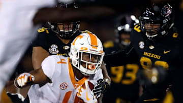 COLUMBIA, MO - NOVEMBER 11: Running back John Kelly #4 of the Tennessee Volunteers carries the ball during the game against the Missouri Tigers at Faurot Field/Memorial Stadium on November 11, 2017 in Columbia, Missouri. (Photo by Jamie Squire/Getty Images)