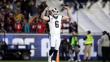 LOS ANGELES, CA - JANUARY 06: Johnny Hekker #6 of the Los Angeles Rams reacts after a 66 yard punt in the first quarter during the NFC Wild Card Playoff Game against the Atlanta Falcons at the Los Angeles Coliseum on January 6, 2018 in Los Angeles, California. (Photo by Sean M. Haffey/Getty Images)