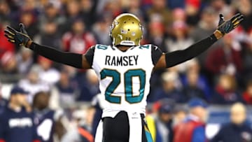 FOXBOROUGH, MA - JANUARY 21: Jalen Ramsey #20 of the Jacksonville Jaguars reacts during the second half of the AFC Championship Game against the New England Patriots at Gillette Stadium on January 21, 2018 in Foxborough, Massachusetts. (Photo by Adam Glanzman/Getty Images)