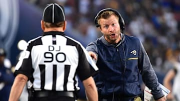 LOS ANGELES, CA - NOVEMBER 26: Head Coach Sean McVay of the Los Angeles Rams reacts after attempting to call a timeout but the referee did not hear during the against the New Orleans Saints game at the Los Angeles Memorial Coliseum on November 26, 2017 in Los Angeles, California. (Photo by Harry How/Getty Images)