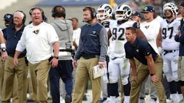 LOS ANGELES, CA - DECEMBER 10: Head Coach Sean McVay of the Los Angeles Rams gives directions from the sidelines during the game against the Philadelphia Eagles at the Los Angeles Memorial Coliseum on December 10, 2017 in Los Angeles, California. (Photo by Kevork Djansezian/Getty Images)