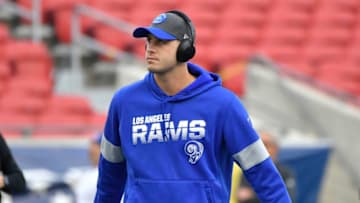 LOS ANGELES, CA - DECEMBER 29: Jared Goff #16 of the Los Angeles Rams looks on during warmups before playing the Arizona Cardinals at Los Angeles Memorial Coliseum on December 29, 2019 in Los Angeles, California. (Photo by John McCoy/Getty Images)