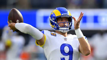 Sep 12, 2021; Inglewood, California, USA; Los Angeles Rams quarterback Matthew Stafford (9) warms up before the game against the Chicago Bears at SoFi Stadium. Mandatory Credit: Jayne Kamin-Oncea-USA TODAY Sports