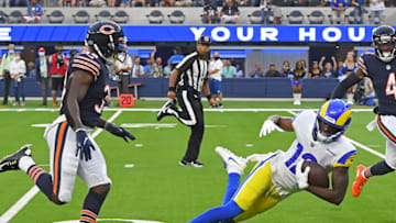 Sep 12, 2021; Inglewood, California, USA; Los Angeles Rams wide receiver Van Jefferson (12) catches the ball in front of Chicago Bears free safety Tashaun Gipson (38) and then runs into the end zone for a touchdown in the first half of the game at SoFi Stadium. Mandatory Credit: Jayne Kamin-Oncea-USA TODAY Sports